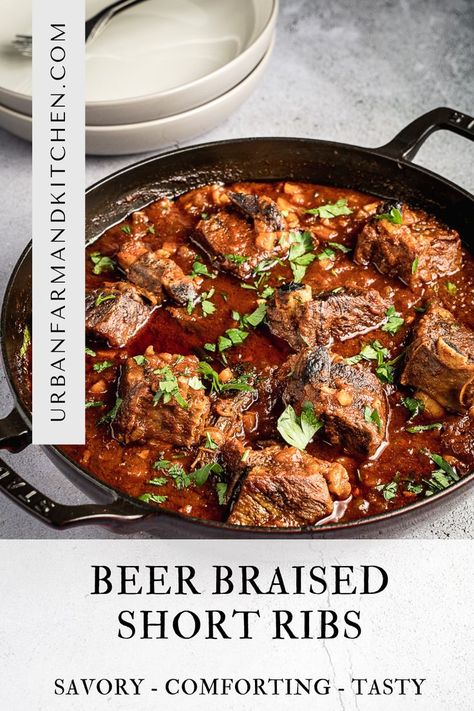 Beer braised short ribs in a braiser pan. Short Ribs Recipe Cast Iron, Cast Iron Short Ribs, Beer Braised Beef Short Ribs, Braised Beef Ribs Dutch Ovens, Braised Beef Short Ribs Dutch Ovens, Beer Short Ribs Recipe, Short Ribs Dutch Oven, Braised Recipes, Braiser Recipes