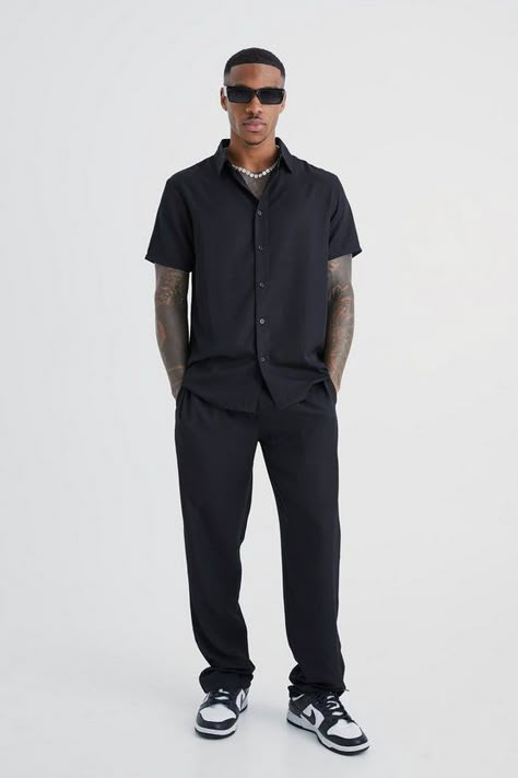 Short Sleeve Soft Twill Smart Shirt & Pants | boohooMAN USA Cocktail Wear For Men, Black Shirt Black Pants Outfit Men, Men Formal Casual Outfits, Black Dress Outfit Men, Guys Fashion Casual Summer, Black Outfits For Guys, Shirt And Pants Outfit Men, Men Wedding Outfit Guest Casual, Men’s All Black Outfit Casual