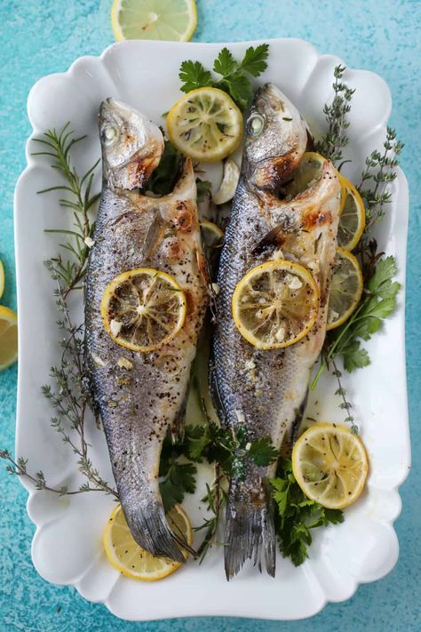 Italian Night Dinner, Fish Plates Food Dinners, Italian Seafood, Whole Fish, Italian Fish Dishes, Italian Fish, Italian Feast, Baked Branzino Recipe, Branzino Fish Recipe