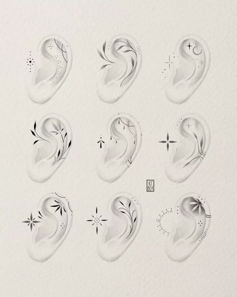 Ears Tattoo Ideas, Ear Dotwork Tattoo, Ear Tattoos And Piercings, Tattoo Infill Ideas, Below Ear Tattoo, Witchy Ear Tattoo, In Ear Tattoo Ideas, Tattoos For Ears, Feminine Ear Tattoos