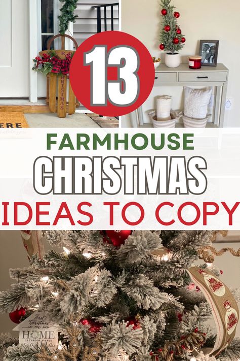 Farmhouse Red Christmas Decor, Farmhouse Kitchen Christmas Tree, White Farmhouse Christmas Trees, Christmas Living Room Ideas Farmhouse, Christmas Santa Decor, Christmas Decor Ideas Farmhouse Chic, Xmas Farmhouse Decor, Farmhouse Red Christmas Tree, Farmhouse White Christmas Tree