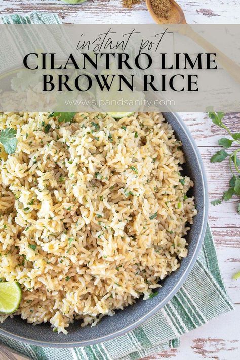 This Instant Pot Cilantro Lime Brown Rice is made with heart healthy ingredients, but doesn’t skimp on flavor. This quick and easy side dish is versatile and delicious! The texture of brown basmati is perfect for turning into that crowd favorite cilantro lime rice. The result is a fluffy and flavorful side dish with an undercurrent of lime that lingers. Brown Cilantro Lime Rice, Lime Brown Rice, Basmati Brown Rice, Rice In The Instant Pot, Cilantro Lime Brown Rice, Oven Roasted Turkey, Lime Rice, Cilantro Lime Rice, Dinner Party Menu