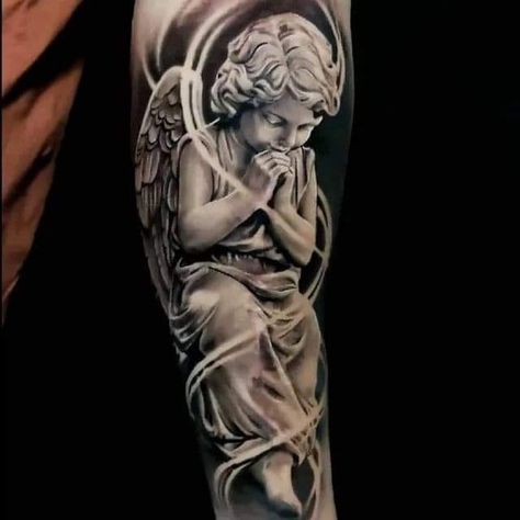 Religious Tattoo Sleeves, Guardian Angel Tattoo Designs, Baby Angel Tattoo, Arm Tattoos For Guys Forearm, Guardian Angel Tattoo, Cherub Tattoo, Realistic Tattoo Sleeve, Statue Tattoo, Half Sleeve Tattoos For Guys