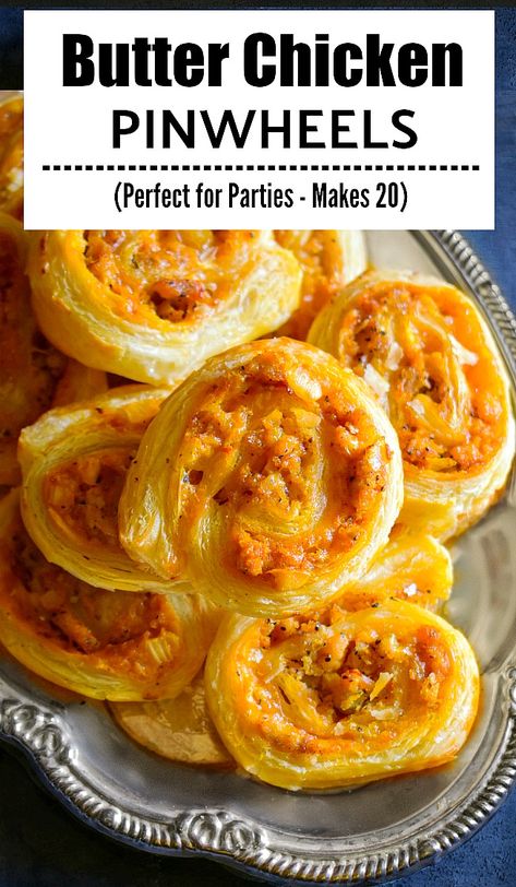 Chicken Appetizers Easy, Chicken Puff, Puff Pastry Pinwheels, Chicken Pinwheels, Chicken Puffs, Butter Chicken Sauce, Diwali Snacks, Thanksgiving Snacks, Indian Appetizers