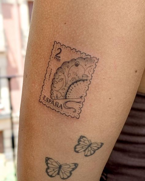 Madrid Stamp Tattoo, Old Stamp Tattoo, Spain Postage Stamp Tattoo, Minimalist Stamp Tattoo, England Tattoo Ideas Symbols, Venice Italy Tattoo, Spanish Inspired Tattoos, Poststamps Tattoos, Australia Tattoo Ideas Travel