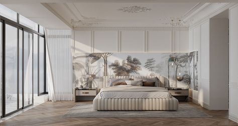 Neoclassical Bedroom Luxury, Master Bedrooms Neo Classic, Neo Classical Interiors Bedroom Luxury, Neoclassic Master Room, Luxury Neoclassic Bedroom Design, Green Upholstered Bed, Luxurious Bedroom Design, Gray Rug Living Room, Neoclassical Home