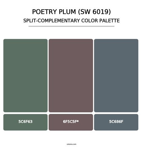 Poetry Plum (SW 6019) - Split-Complementary Color Palette Poetry Plum, Dark Purple Color Palette, Purple Color Palette, Split Complementary, Split Complementary Colors, Dark Purple Color, Purple Color Palettes, Powder Bath, Complementary Colors