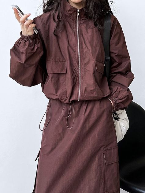 Long Sleeves Loose Drawstring Elasticity Pockets Solid Color Zipper Stand Collar Jacket Top + Split-Back Skirts Bottom Two Pieces Set RED-M Stand Collar Jacket, Stand Collar Jackets, Leisure Fashion, Split Skirt, Collar Jacket, Woman Silhouette, Black Khakis, Zipper Jacket, Fashion Seasons