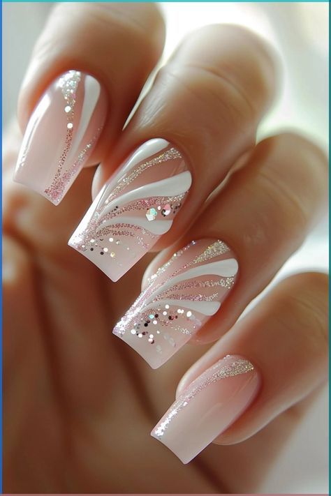 Gel Nail Designs Wedding, Nail Art Glitter Sparkle, Gel Nail Designs For Wedding, White And Sparkle Nails, White Glitter Nail Designs, Nail Ideas Wedding, White Nails Glitter, Nails For Wedding, Sparkling Nails