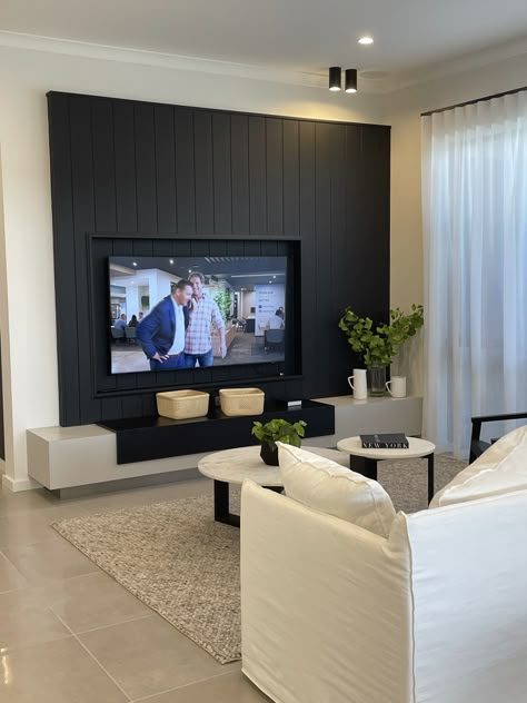 Vj Panelling Feature Wall Tv, Black Shiplap Living Room Wall, V Groove Paneling Living Room, Wooden Strips Behind Tv, Timber Wall Panelling Behind Tv, Charcoal Tv Wall, Tongue And Groove Tv Wall, Feature Wall Behind Tv, Black Media Console Living Room