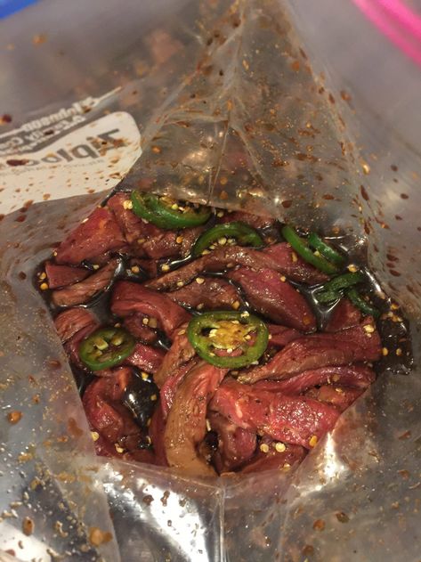 Sweet And Spicy Jerky Recipe, Smoked Beef Jerky Recipe, Jerky Marinade Recipes, Beef Jerky Recipe Dehydrator, Beef Jerky Marinade, Jerky Recipes Dehydrator, Spicy Beef Jerky, Deer Jerky Recipe, Venison Jerky Recipe