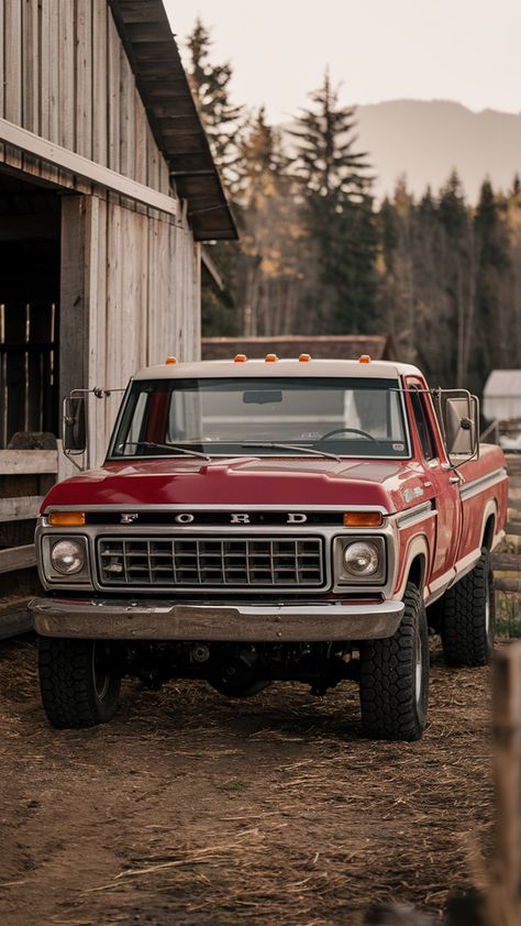 Nothing beats a vintage Ford truck with a mountain backdrop. This beautifully maintained F-Series shows off its perfect red paint and iconic grille, proving these classics look just as good working the ranch as they do at car shows.  From the period-correct marker lights to those beefy all-terrain tires, every detail tells a story of American automotive heritage meeting modern capability.  Save this ranch-ready beauty!  #ClassicFord #VintageTrucks #RanchLife #FordTrucks #MountainLiving 1970s Ford Trucks, Ford Trucks Old, Old Fashion Trucks, Old Truck Aesthetic, 1970 Ford Truck, Tex Mccormick, Ford Aesthetic, Vintage Ford Trucks, Lifted Ford Truck