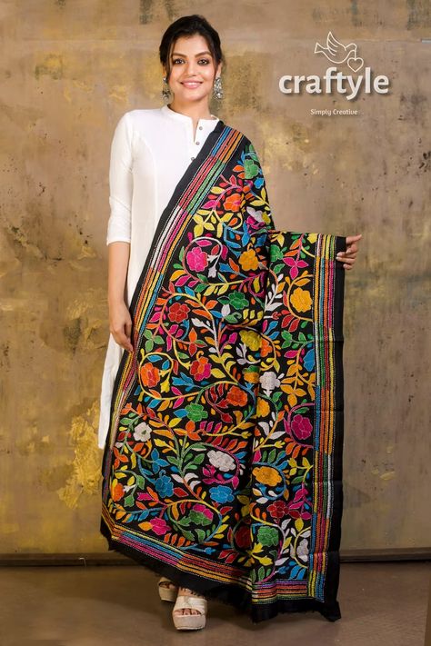 Kantha Stitch Dupatta Embroidered Silk Dupatta Bangalore - Etsy Dupatta Bridal, Embroidery Shawl, Sambalpuri Saree, Kantha Sarees, Dhakai Jamdani Saree, Kurta Cotton, Bridal Dupatta, Silk Stoles, Embroidered Shawl