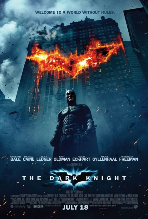 A movie poster promoting Christopher Nolan's The Dark Knight. A lot to be analyzed here in terms of contrast, proximity, color theory, etc. The Dark Knight Poster, The Dark Knight 2008, Batman Movie Posters, Batman Bruce Wayne, Aaron Eckhart, Posters Decor, Robbie Coltrane, Superhero Movie, Legendary Pictures