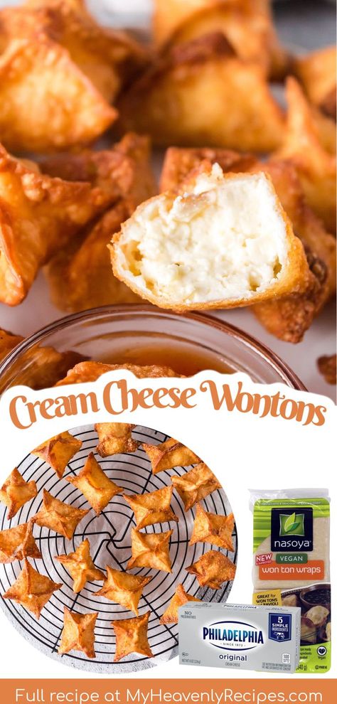 cream cheese wontons Rangoon Recipe Cream Cheese, Cream Cheese Wontons Air Fryer, Fried Cream Cheese Wontons, Wonton Wrapper Dessert, Cheese Rangoon Recipe, Fried Cream Cheese, Wonton Wrapper Recipes Appetizers, Baked Wontons, Cream Cheese Puffs