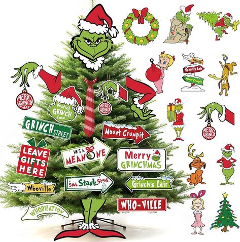 Amazon.com: Christmas Decorations for Tree, Large Funny Christmas Tree Toppers with Head, Hands, Legs and 24 Small Xmas Ornaments for Home Decor : Home & Kitchen Grinch In Christmas Tree, Funny Christmas Tree Toppers, Cardboard Ornaments, Xmas Signs, Small Decorations, Tree Indoor, Funny Christmas Tree, Decorations For Christmas, Rich Design