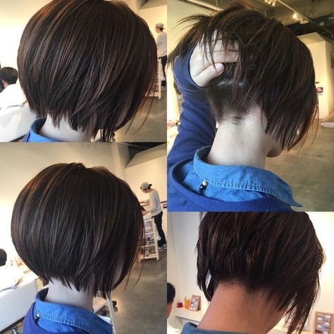 Lower back is shaved so that layers hang right. Grown out pixie. short bob undercut Simple Undercut, Bob Undercut, Undercut Bob, Pixie Bob Hairstyles, Hair Undercut, Shaved Nape, Pixie Bob, Short Bob Hairstyles, Undercut