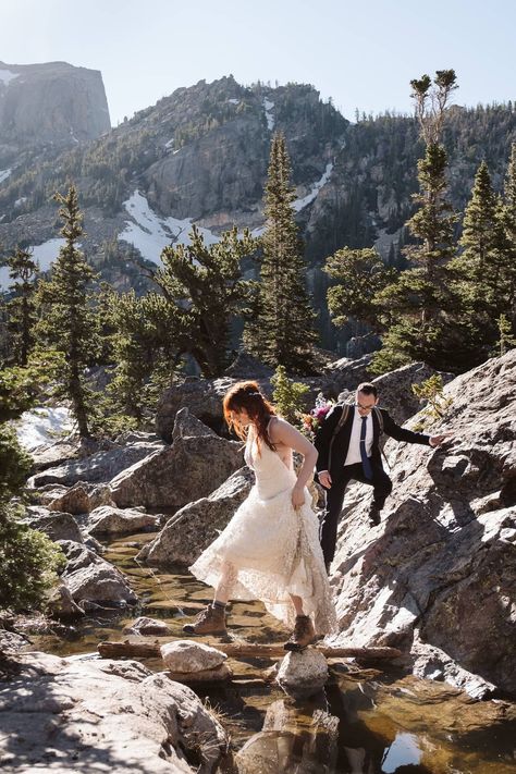 Bride wears Merrell hiking boots with her wedding dress to hike in the Colorado mountains for epic elopement photos. Wedding Dress With Hiking Boots, Hiking Wedding Photos, Hiking Wedding, Rocky Mountain National Park Wedding, Wedding Picture Poses, Gettin Hitched, Colorado Hiking, Wedding Dresses Photos, Rocky Mountain National