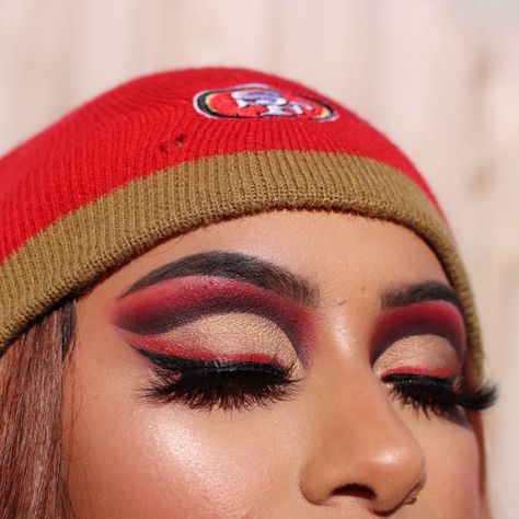 Here’s a good red and black cut crease inspired by the 49ers find the full tutorial on my YouTube 🙌🏼 #49ers #nfl #nflfootball #footballmakeup #cutcreasemakeup #cutcreasestepbystep #redcutcrease #eyeshadowpalette #eyeshadowtutorial #eyeshadowlooks #eyemakeupideas #eyemakeupprom #makeupoftheday 49ers Makeup, 49ers Makeup Look, 49er Makeup Ideas, Football Makeup Ideas Super Bowl, Chiefs Makeup, 49ers Makeup Ideas, Kc Chiefs Eye Makeup, 49ers Face Paint, Kansas City Chiefs Eye Makeup