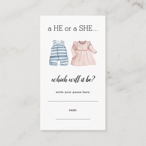 Baby Blue Pink He She Write Guess Gender Reveal Enclosure Card - baby gender reveal Gender Guessing, Gender Reveal Cards, Boy Gender Reveal, Pink Clothes, Gender Reveal Decorations, Party Stationery, Etsy Ideas, Gender Reveal Invitations, Baby Shower Guest