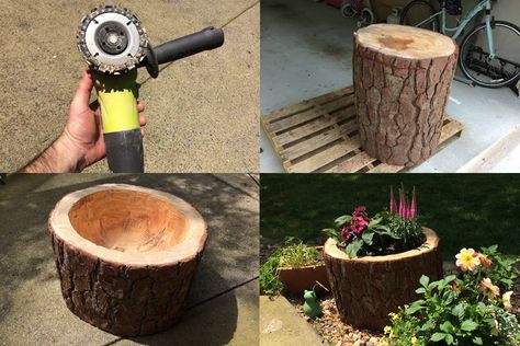 Log Planter Ideas, Tree Stumps Diy, Log Planters, Wooden Crosses Diy, Tree Stump Planter, Log Planter, Bee Friendly Garden, Yard Landscaping Simple, House Planter