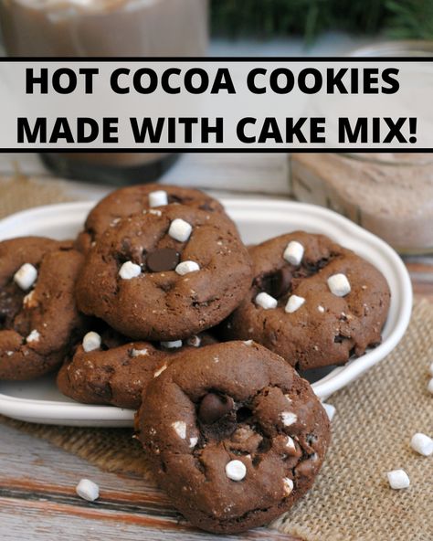 What's better than hot cocoa by the fire? Hot cocoa cookies made with cake mix, chocolate chips and mini marshmallows! These delicious cookies will quickly become a holiday tradition in your home. They bring all the warmth of hot cocoa but all the fun of baking Christmas cookies. Hot Chocolate Cookies Recipe, Hot Chocolate Cookie, Hot Chocolate Cookie Recipes, Chocolate Cookie Recipe, Chocolate Cake Mix Cookies, Hot Cocoa Cookies, Biscotti Al Cacao, Homemade Sugar Cookies, Hot Cocoa Recipe