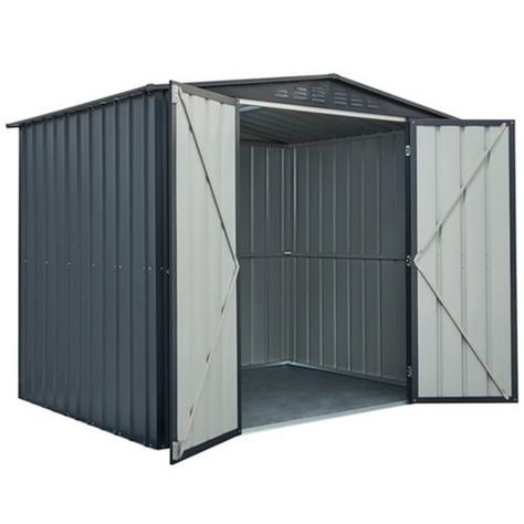 Lotus 8′x6′ Double Hinged Apex Metal Shed – Anthracite Grey - Metal Sheds - Garden Buildings Direct Scooter Store, Apex Roof, Summer House Garden, Steel Sheds, Shed Base, Metal Storage Sheds, Wooden Sheds, Metal Shed, Hot Dip