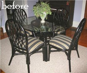 Kammy's Korner: Rattan Dining Chairs Makeover {Image Transfer With Freezer Paper} Dining Chairs Makeover, Redo Dining Chairs, Dining Set Makeover, Rattan Kitchen, Dining Chair Makeover, Rattan Dining Set, Restoring Furniture, Diy Furniture Building, Rattan Dining Table