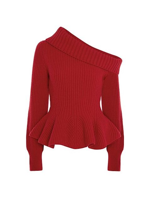 Barbie Sewing, Peplum Designs, Alexander Mcqueen Clothing, Peplum Sweater, Knitted Tops, Knitted Jumper, Ribbed Sweater, Shoulder Sweater, Pullover Styling