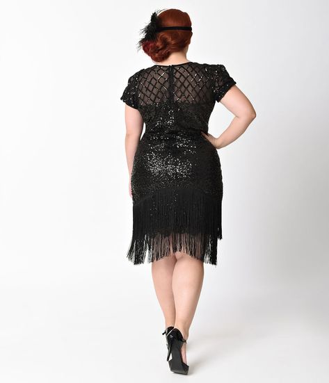 Unique Vintage Del Mar Black Sequin & Fringe Flapper Dress Plus Size 1920s, Vintage Plus Size Fashion, Plus Size Flapper Dress, Fashion 1920s, Beaded Flapper Dress, Flapper Dresses, Fringe Flapper Dress, Vintage Plus Size, Dresses Unique