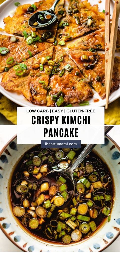 Kimchi Pancake recipe, made keto and gluten-free! They are loaded with flavor and deeply satisfying! Pair it with kimchi pancake sauce for an excellent appetizer, side dish, or savory snack! #kimchi #kimchipancake #koreanfood #pancakes #sidedishrecipes #kimchi #appetizer Keto Kimchi Pancake, Kimchi Appetizer, Kimchijeon Recipe, Keto Kimchi, Kimchi Breakfast, Pancake Sauce, Kimchi Pancake Recipe, Umami Recipes, Gf Sides