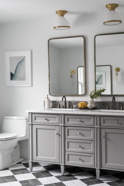 Checkered Floor Bathroom, Checkered Flooring, Grey Bathroom Cabinets, Checkered Floor, Brass Light Fixture, Brass Light, Floor Bathroom, Transitional Bathroom, Grey Cabinets