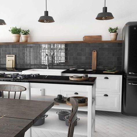 The 9 Top 2023 Home Decor Trends Black Tiles Kitchen, Black Backsplash, Ceramic Collection, Glazed Ceramic Tile, Black Kitchen Cabinets, Black Glaze, Zellige Tile, Black Tiles, Kitchen Tile