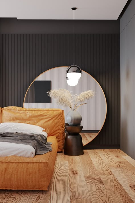 Round Mirror Bedroom, Orange Bed, Masculine Bedroom Decor, Round Bed, Masculine Bedroom, Luxury Bedroom Design, Small Bedroom Designs, Decor 2024, Small Bedroom Decor