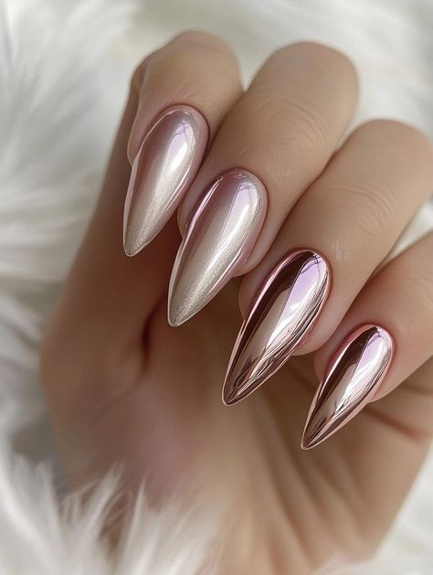 Trendy New Year’s Gel Nails Ideas for 2025: Long-Lasting Glam for the Festive Season Newest Nail Trends 2024, Elegant Chrome Nails, Chrome New Years Nails, Rose Chrome Nails, Holiday Chrome Nails, New Year Nails 2025, Chrome Glitter Nails, Trendy Nails Chrome, Chrome Almond Nails