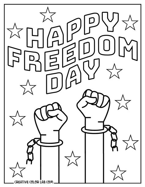 Happy freedom day Juneteenth coloring sheet of broken handcuffs. Juneteenth Worksheets For Kids, Juneteenth Crafts For Toddlers, Juneteenth Crafts For Kids, Juneteenth Coloring Pages, Holiday Worksheets, Juneteenth Day, Coloring Contest, Kids Worksheets, Kids Worksheets Preschool