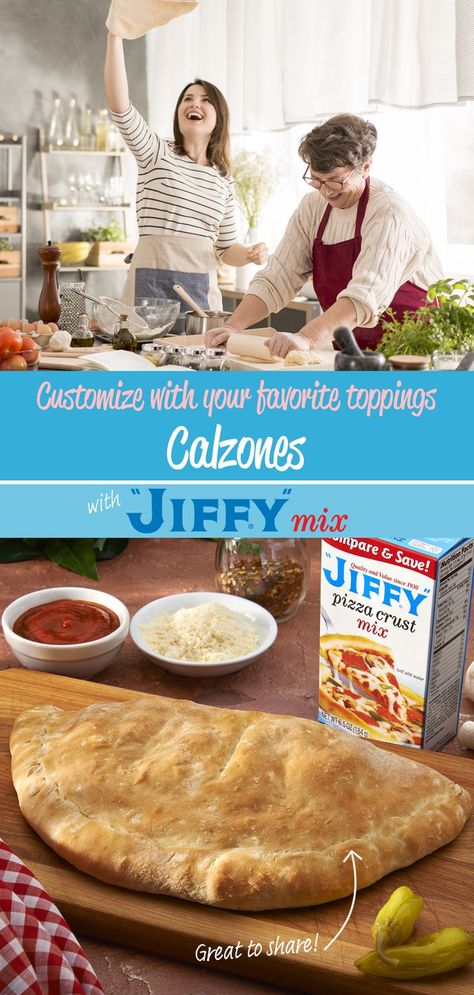 Warm, satisfying Calzones are easy when you start with "JIFFY" Pizza Crust Mix. What are your favorite toppings? Share them with us by using the hashtag #HowDoYouJIFFY Jiffy Pizza Crust Recipe, Jiffy Recipes, Jiffy Cornbread Recipes, Mix Pizza, Jiffy Mix, Calzone Recipe, Jiffy Cornbread, Pizza Crust Recipe, Cheese Topping