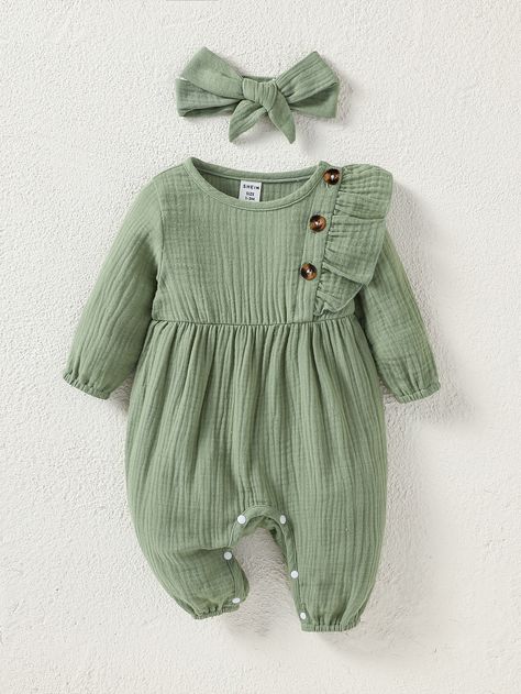 Green  Collar Long Sleeve Fabric Plain Shirt Embellished Non-Stretch  Baby Clothing Newborn Baby Clothes Girl, Winter Baby Clothes Newborn, Boho Baby Girl Clothes, Textured Jumpsuit, Newborn Baby Girl Outfits, Baby Clothes Gender Neutral, Girls Winter Outfits, Baby Clothes Newborn