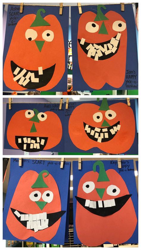 Preschool pumpkin unit, Silly face pumpkins, pumpkin Preschool craft, jackolantern, Let the kids create their jackolantern then pick an adjective to describe. Ex: silly, happy, crazy, funny, etc. supplies: Orange, blue, green, white, black construction paper, glue stick, scissors, sharpie Pumpkin Craft For Elementary, Pumpkin People Craft, Construction Paper Pumpkin Crafts, Paper Pumpkin Craft For Kids, Construction Paper Pumpkins, Jackolantern Crafts For Kids, Construction Paper Projects For Kids, Prek Pumpkin Crafts, Pumpkin Crafts Kindergarten Art Projects