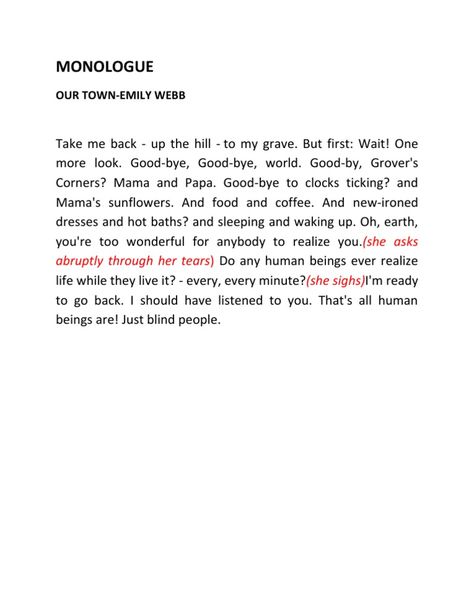 Goodbye monologue from our town play but for quarentine Our Town Quotes, Happy Monologues, Short Monologues For Auditions, Dramatic Monologues For Women, Comedic Monologues For Women, 30 Second Monologues, Acting Scripts To Practice For One Person, Play Monologues, Practice Scripts For Acting