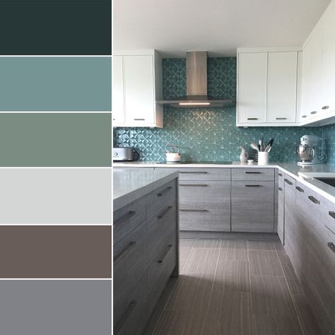 We are loving this green and grey tile color palette. The perfect colors for a calm kitchen. Visit Architectural Ceramics for more tile inspiration. Grey Kitchen Colors, Kitchen Color Palettes, Kitchen Colour Combination, Серая Кухня, Kabinet Dapur, Kitchen Wall Colors, Kitchen Colour Schemes, Interior Colour, Interior Kitchen