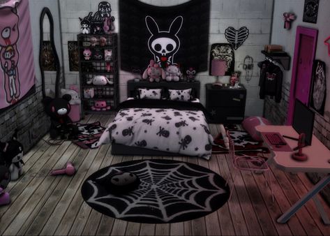 Gothic Y2k Room, Scene Emo Room Ideas, Dorm Room Goth, Goth Room Sims 4, Emo Scene 2000s Room, Sims 4 Gothic Bedroom, Emo Decor Sims 4 Cc, Sims 4 Emo Bedroom, Goth Y2k Room