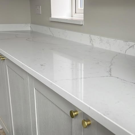 Avalanche soft white quartz with faint grey veining Kitchen Worktops Quartz, White Kitchen Worktop Ideas, Quartz Worktop Kitchen, White Worktop Kitchen, White Quartz Worktop, White And Grey Quartz Countertops, White Shaker Kitchen Ideas, Kitchen Worktop Ideas, White Kitchen Worktop