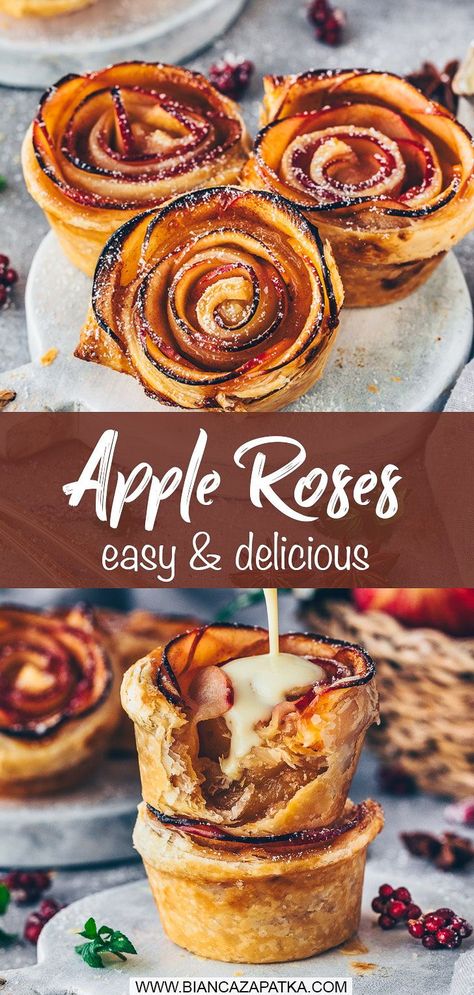 With this easy recipe you‘ll learn how to make beautiful baked apple roses with puff pastry like a pastry chef! The charming “Apple Cinnamon Roses” muffins are perfect dessert treats to impress every guest! Apple Rose Puff Pastry, Apple Rose Dessert, Apples Muffins, Apple Roses Puff Pastry, Puff Pastry From Scratch, Baked Apple Roses, Apple Rose Pastry, Rose Muffins, Apple Rose Pie