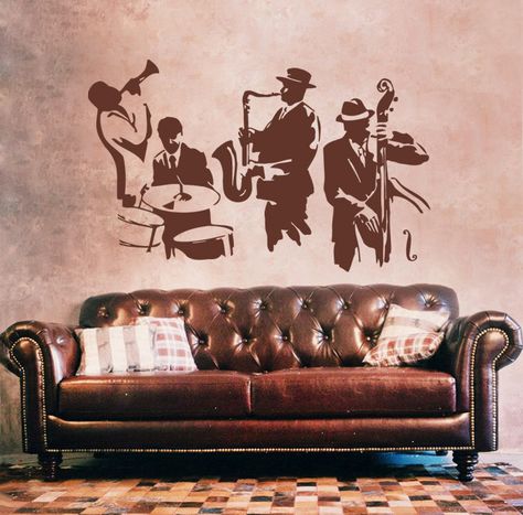 Jazz Lounge Decor Room Ideas, Musician Bedroom, Moody Lounge, Jazz Decor, Bass Saxophone, Music Wall Decal, Jazz Party, Jazz Lounge, Club Bedroom