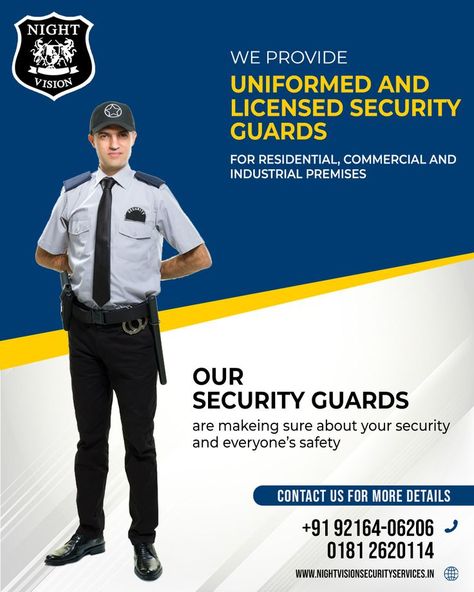 Professional Security Guard Services in Punjab Looking for Professional Security Guard Services in Punjab, then contact Night Vision Security Services. at +91 92164-06206, 0181-2620114 We provide Uniformed and Licensed Security Guards for Residential, Commercial and Industrial premises. Email: nightvisionsecurities@gmail.com #Security #Guard #SecurityGuard #SecurityGuardServices #SecurityGuardServicesPunjab #SecurityGuardCompany #Punjab #jalandhar #inddia Company Flyer, Security Guard Companies, Security Guard Services, Security Companies, Security Service, Security Guard, House Cleaning Tips, Night Vision, Clean House