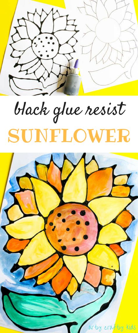 Arty Crafty Kids | Art | Black Glue Sunflower Art | A beautiful black glue sunflower art project for kids. Perfect for summer crafting. Art Projects Middle School, Fall Leaf Art Projects, Sunflower Art Project, September Art, Valentine Art Projects, Black Glue, Spring Art Projects, Sunflower Crafts, Art Project For Kids