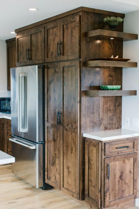 Cabinet Beside Refrigerator, Rustic Wood Kitchen Cabinets, Cedar Cabinets, Coastal Room Ideas, Rustic Wood Kitchen, Moving House Packing, Western Kitchen Decor, Log And Timber Homes, Kitchen Remodel Plans