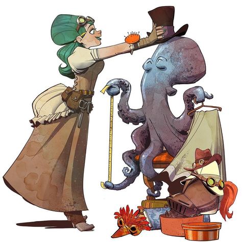 regram @briankesinger Busy putting the finishing touches on my paperdoll book #DressingYourOctopus. Thank you again to all of you who contributed to the Kickstarter campaign! #ottoandvictoria Fantasy Culture, Anime Komedi, Brian Kesinger, Steampunk Kunst, Steampunk Coloring, Nuclear Apocalypse, Steampunk Illustration, Octopus Drawing, Steampunk Octopus