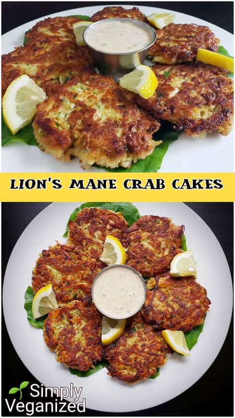 I finally found lion's mane mushrooms to try and lion's mane crab cakes seem to be all the rage so I thought I'd give them a try. These mushrooms have a lot of moisture in them so after shredding them with your hands, cook them in a non-stick skillet over medium low heat for 10 minutes to release it. I used JUSTEGG as a binder but a flax seed egg would work well also. I also used celery, as it is traditionally used in crab cakes, but I prefer minced jalapeños. Recipes With Lions Mane Mushrooms, How To Cook Lions Mane, Lions Mane Shrimp, Lion Mushroom Recipes, Cooking With Lions Mane, Lions Mane Mushroom Recipes, Lions Mane Recipe, Fried Lions Mane Mushroom Recipe, Lions Mane Crab Cake